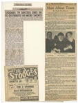 Moe Howard Items With Curly Joe: 5.5'' x 11'' Loew's Oriental Handbill for Three Stooges Show; 5.25'' x 4.75'' Invitation for Chase Club Show; 8'' x 10'' Glossy Photo; About 6 News Clips -- Very Good